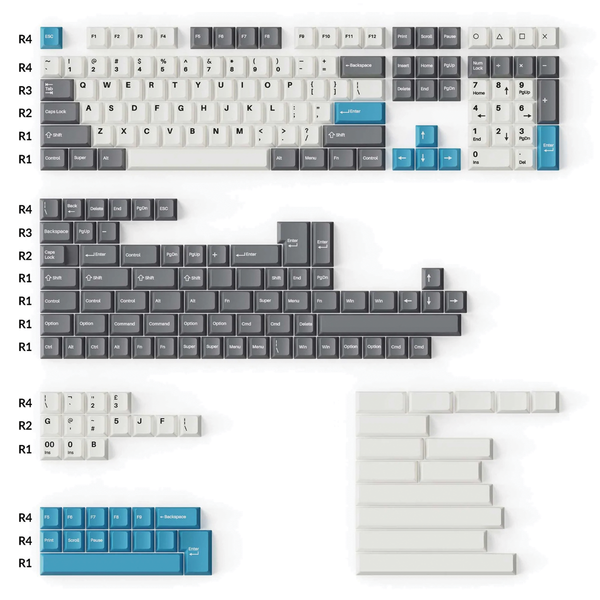Keychron Cherry Profile Double-Shot PBT Full Set Keycaps (219 Keys) - Grey, White, and Blue